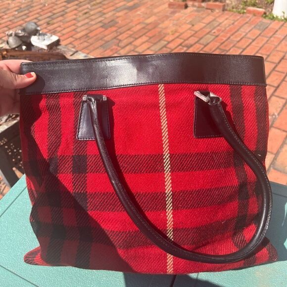 Burberry Nova Check Wool Plaid Leather Tote - Picture 4 of 9